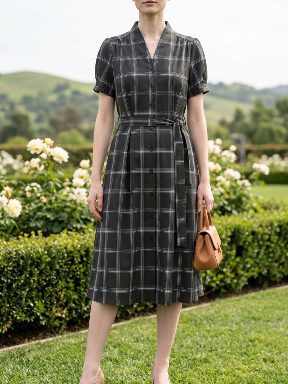 Calvin Klein Black with White Plaid Button-Up dress